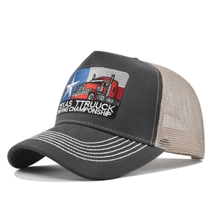 Detailed close-up of Texas Trucker Hat with mesh back and embroidered truck patch