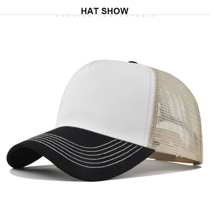 Detail of five-panel trucker hat with white canvas front and khaki breathable mesh back