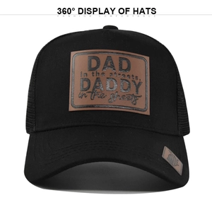 Black cotton trucker hat with mesh back and DAD leather patch design