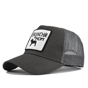 Detail of grey mesh trucker hat with Frenchie Mom patch and French Bulldog silhouette