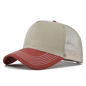 Two-tone 5-panel mesh trucker hat with breathable curved brim and contrasting khaki front