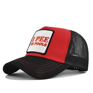 Classic red and black trucker hat with I PEE IN POOLS embroidery and mesh back