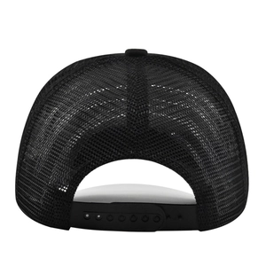 Rear view of black trucker hat showing breathable mesh and adjustable snapback closure