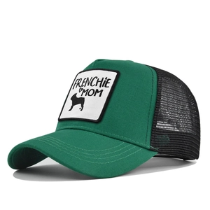 Detail view of Frenchie Mom embroidery on green trucker hat with black mesh back