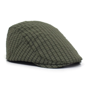 Detail view of the side profile showing dark green plaid pattern on the flat cap