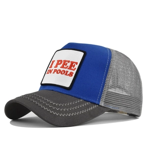 Close-up of trucker hat with 3D embroidery and wave stitching on the dark grey brim