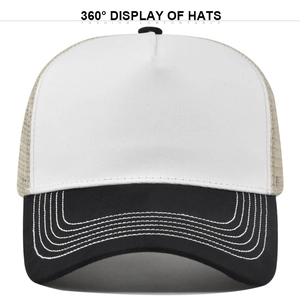Macro detail of breathable mesh and white stitching on a two-tone baseball cap