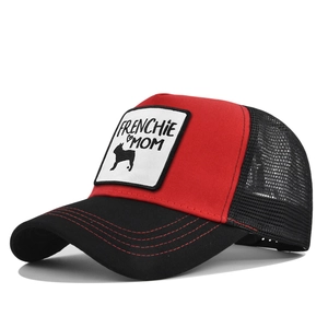 Detail view of red and black trucker hat featuring Frenchie Mom embroidery and mesh back
