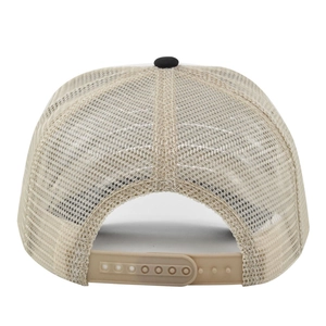 Detail view of breathable mesh back and adjustable snapback closure on a trucker hat