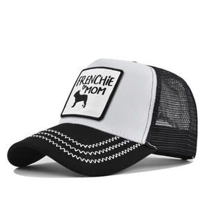 Detail of Frenchie Mom trucker hat showing Z-shaped stitching on black brim and white mesh