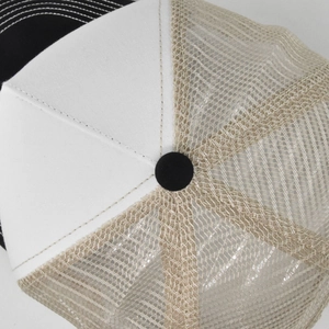 Detailed top view of breathable mesh back and canvas front on a 5-panel trucker baseball cap