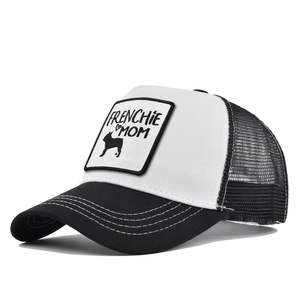 Detail of Frenchie Mom embroidery on mesh trucker hat with contrast stitching
