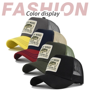 Detail view of fish embroidery patches on various colors of mesh baseball caps