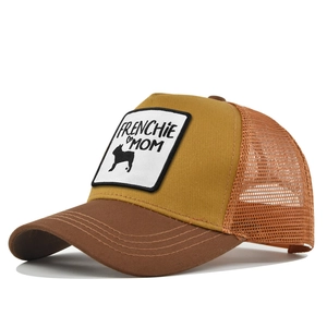 Detail of Frenchie Mom embroidery on mesh trucker hat with contrast stitching