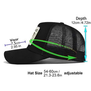 Size chart for black mesh trucker hat with fishing embroidery and adjustable strap