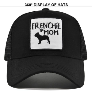 Black trucker hat with Frenchie Mom embroidery and breathable mesh back for summer