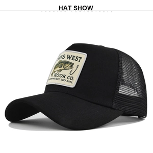 Detail of black trucker hat with mesh panels and embroidered Hays West fish patch