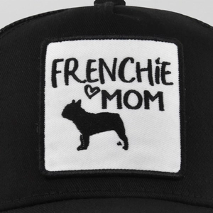 Black Frenchie Mom embroidered mesh trucker hat with bulldog silhouette and heart detail