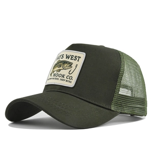 Detail of green mesh trucker hat featuring embroidered fishing logo and breathable back