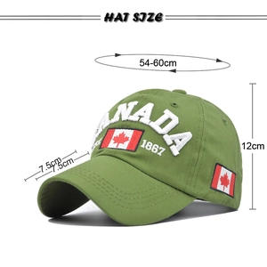 Detailed size chart of the army green Canada maple leaf baseball cap with dimensions