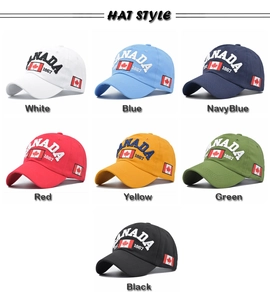 Detailed view of Canada maple leaf embroidery on colorful cotton baseball caps