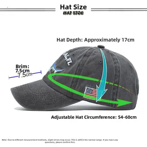 Size chart showing baseball cap dimensions with 17cm depth and adjustable strap