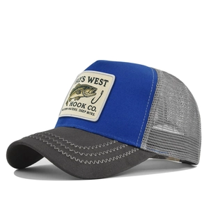 Detail of blue and grey mesh trucker hat with fish embroidery and wave stitching