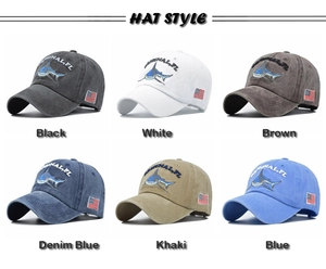 Washed cotton baseball caps with shark 3D embroidery and USA flag in six various colors