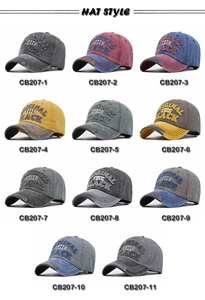 Detailed grid showing 11 color variants of washed baseball caps with 3D embroidery