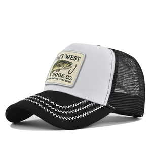 Detail of truck hat featuring bass fish patch and decorative wavy stitching on black brim