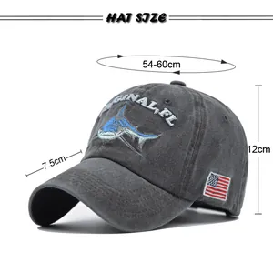 Washed grey shark baseball cap with 3D embroidery and US flag detail with size chart