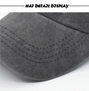 Detail showing the multi-row stitching on washed cotton visor of dark gray USA baseball cap