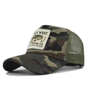 Detail view of the camouflage mesh trucker hat with professional fishing embroidery