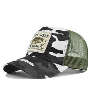 Detail of the camouflage trucker hat with fish embroidery and breathable mesh back