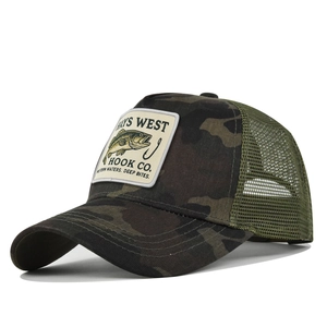 Detail of camouflage trucker hat with fish embroidery and breathable mesh panels
