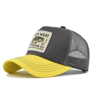 Detail of fishing trucker hat with bass embroidery and breathable mesh panels