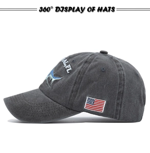 Detail view of washed grey baseball cap with shark embroidery and American flag patch