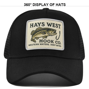 Classic black trucker hat with mesh back featuring retro fish hook embroidery patch