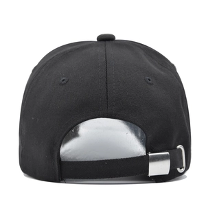 Detail view of the black baseball cap rear adjustable strap and silver metal buckle