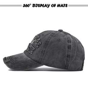 Side view of washed dark grey baseball cap featuring 3D embroidered letters and vintage texture