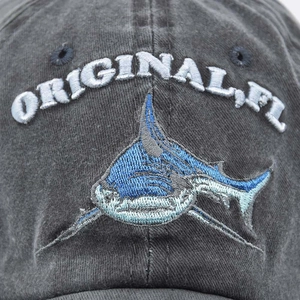 Washed charcoal baseball cap with 3D shark embroidery and white original letters