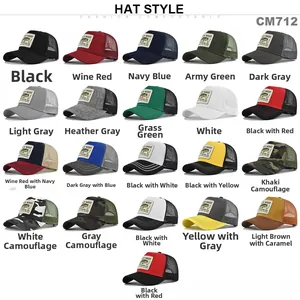 Mesh trucker caps collection with fishing hook embroidery in various colors and camo patterns