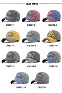 Collection of vintage washed baseball caps with 3D embroidery in 11 different colors