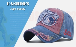 Detail of shark 3D embroidery and vintage distressed canvas on multi-color baseball cap