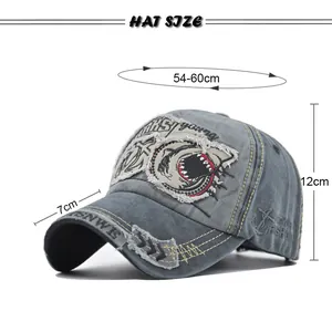Size chart showing 54-60cm circumference for distressed shark embroidered baseball cap