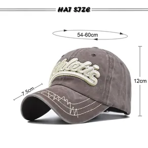 Detailed size chart for vintage washed baseball cap with 3D Athletic letter embroidery