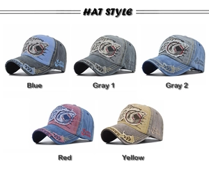 Detailed multi-color display of washed canvas baseball caps with 3D shark embroidery