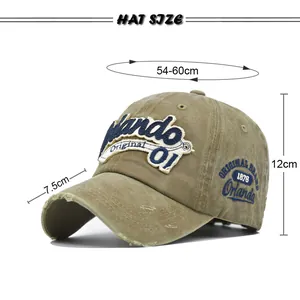 Detailed sizing chart for washed cotton baseball cap featuring 3D letter embroidery