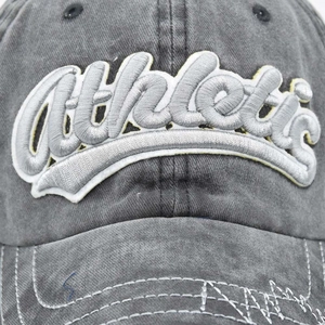 Vintage washed dark grey baseball cap with 3D white Athletic embroidery and stitching