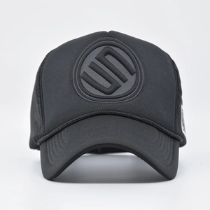 Structured black mesh baseball cap with embossed geometric logo and rope trim detail